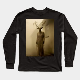 Scary Horned Halloween Demon: Outside My Bedroom Window on a Dark Background Long Sleeve T-Shirt